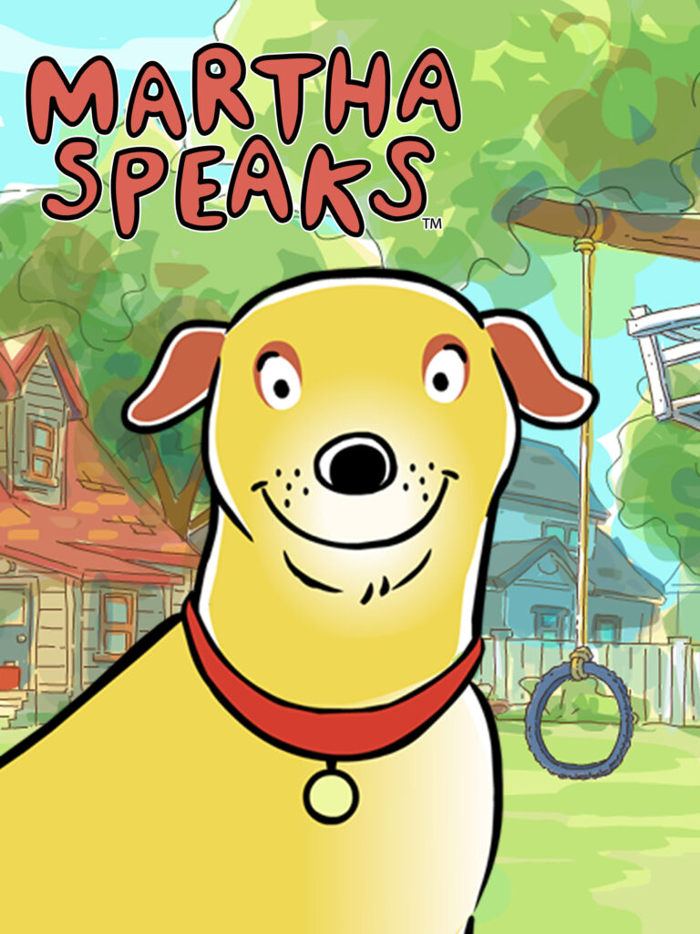 An Image of a yellow and brown animated dog sitting in the yard of a red and grey house. The yard contains a tree branch with a tire attached to a long rope. The image also contains text that reads "Martha Speaks."  