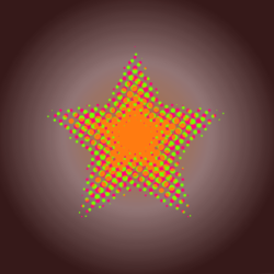 A dotted star colored orange with red and green speckles on each point. There is a red radial gradient in which the star is in the middle of